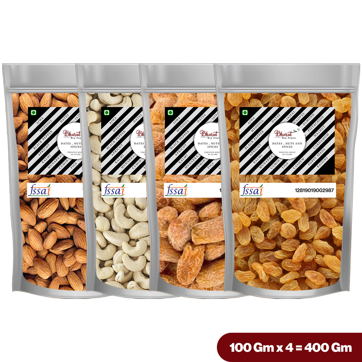 Almond Cashew Raisins Dry Dates Combo Pack ( 100 gm x 4 )